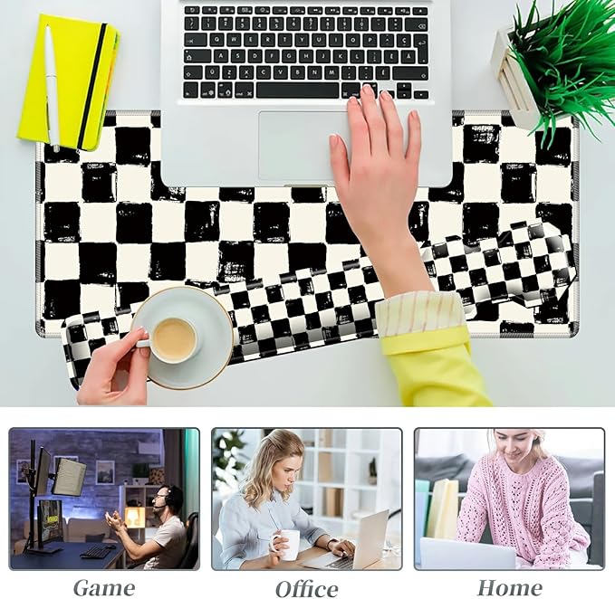 3Pcs Mouse Pad Set Black White Checkerboard Large Gaming Mouse Pad with Stitched Edge Ergonomic Memory Foam Keyboard Wrist Support and Mouse Wrist Rest Cushion Pain Relief Non-Slip Desk Pad Combo