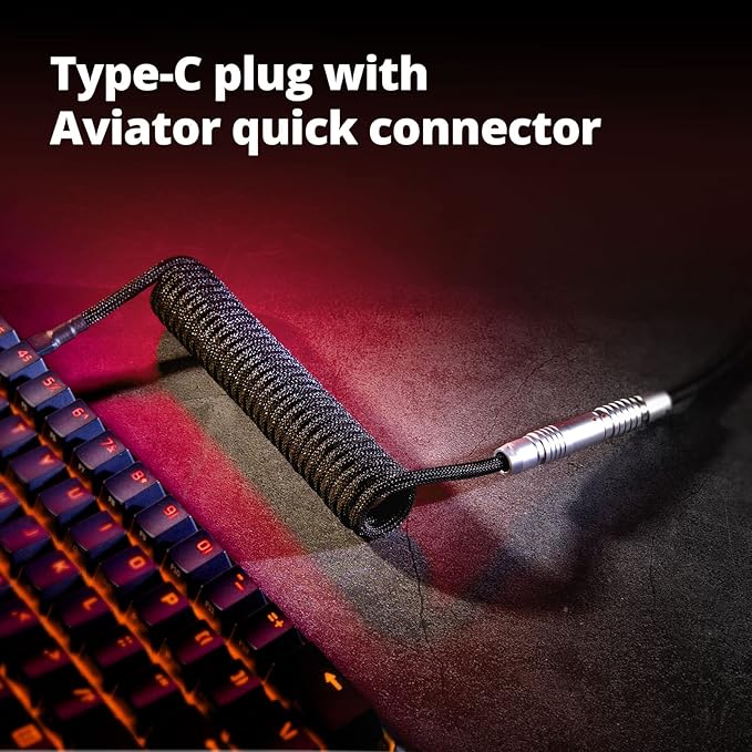 GUNMJO Pro Custom Coiled USB C Cable for Gaming Keyboard Double-Sleeved Mechanical Keyboard Cable with Slim Type Detachable Metal Aviator 1.5M USB-C to USB-A Classic Black Color