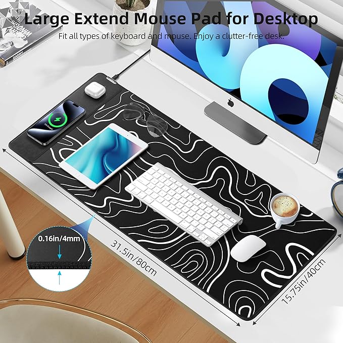 Mouse Pad with Wireless Charging Gaming Mouse Pad with Ultra-Smooth Surface Large XXL Desk Mat Non-Slip Mouse Mat Waterproof Computer Keyboard Pad for Gaming Desk Office PC 800x400x4MM Black