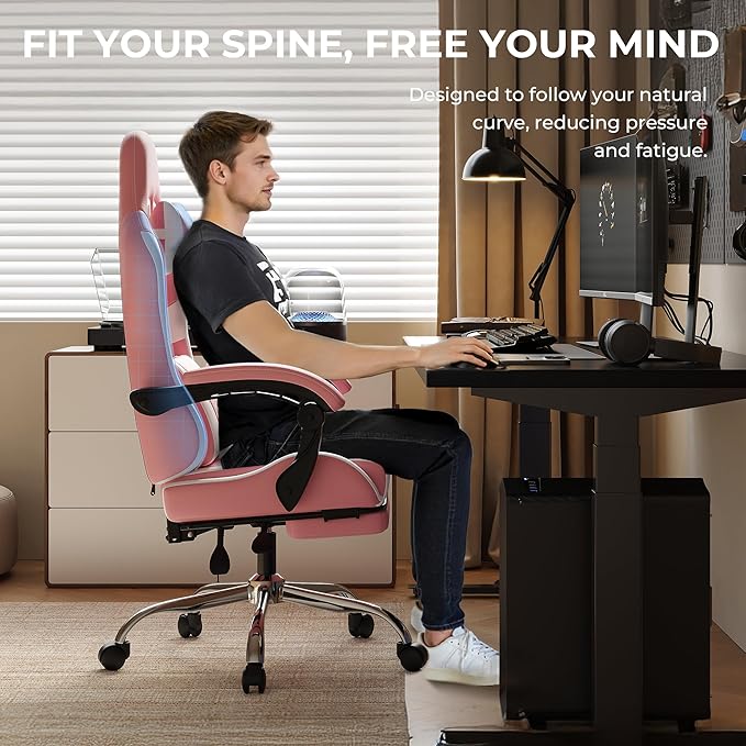 Pink Gaming Chair with Footrest and Massage Lumbar Support Ergonomic Reclining Computer Chair 330lbs with Adjustable Height and Headrest Pillow Cute Aesthetic Esports Chair for Girls Pink