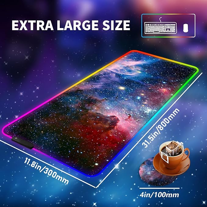 Large RGB Gaming Mouse PadGalaxy Nebula Space Oversized Glowing Led Extended Mousepad10 Lighting ModesNon-Slip Rubber Base Computer Keyboard Mousepads Mat31.5 x 11.8 inch