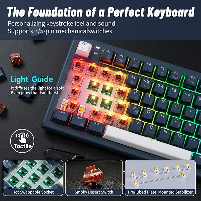 Hexgears E4Pro Wireless Creamy Mechanical Keyboard with Number Pad Hot Swappable Custom Keyboard with Wrist RestPre-lubed Tactile SwitchesGasket StructureRGB Backlit Gaming Keyboard (Dark Blue)