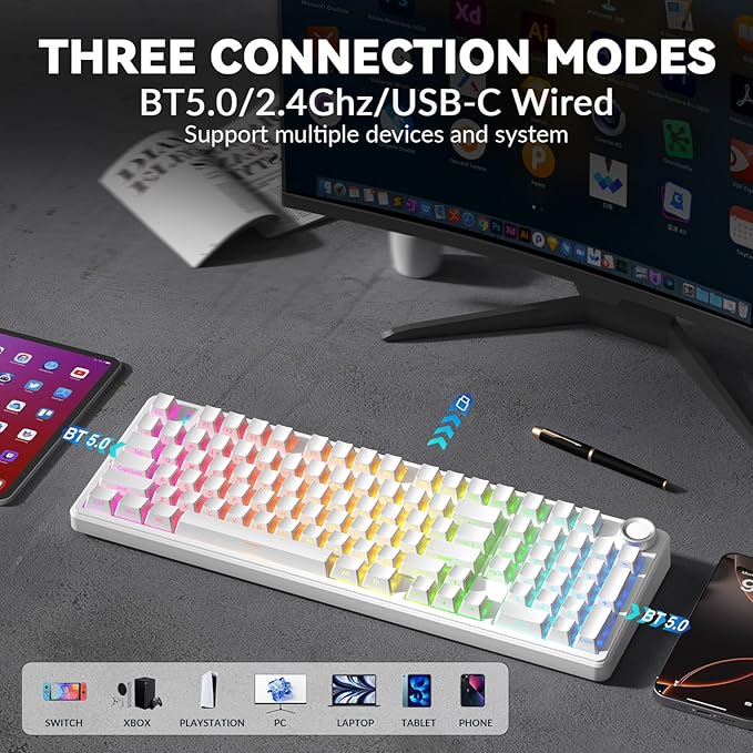 AULA F99 Pro Wireless Mechanical Keyboard-Silent VersionBT5.0/2.4GHz/USB-C Hot Swappable Custom KeyboardGasket StructurePre-lubed Linear Switches RGB Backlit Computer Gaming KeyboardsWhite