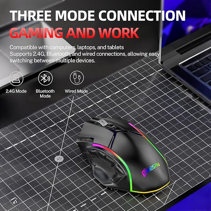Wireless Gaming Mouse Tri-Mode 2.4G/Bluetooth/USB-C 24000 DPI 12 Programmable Buttons 500mAh Rechargeable Battery 7 RGB Lighting Modes On-Board Memory for Laptop/PC/Mac (Black)