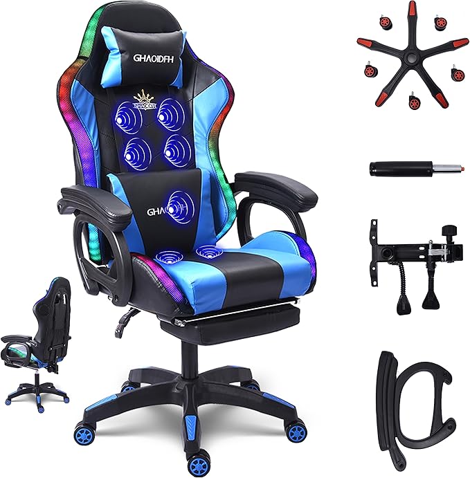 TBQATNTS Gaming Chair with LED Lights and Speakers Ergonomic Gaming Chair with Massage and FootrestComfortable Computer Reclining with Headrest and Lumbar SupportVideo Game Chair for Adults Kids.B