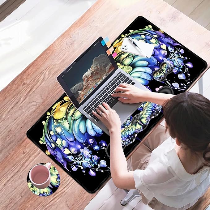 Mouse PadLarge Desk Mat Set 4in1 XL Mousepad + Keyboard Wrist Rest+Mouse Wrist Rest+Coaster with Ergonomic Desk Pad for Home Office Table Computer Cover -Fantasy Butterfly