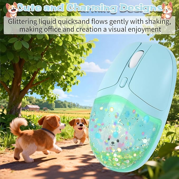 Wireless Mouse with Liquid Quicksand Sequins 2.4GHz &amp Bluetooth Dual Mode Rechargeable Silent Cute Aqua Mouse with LED Light Portable Water Mice for Laptop PC Tablet MacBook Kids Adults Gift (Gree