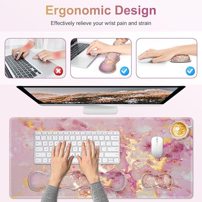 Gaming Mouse Pad Keyboard Wrist Support 4 in1 Mousepad Set with Wrist Keyboard Rest Computer Desk Mat Non-Slip Desk Pad Protector with Memory Foam Easy Typing Pain Relief I Nice Pink Marble