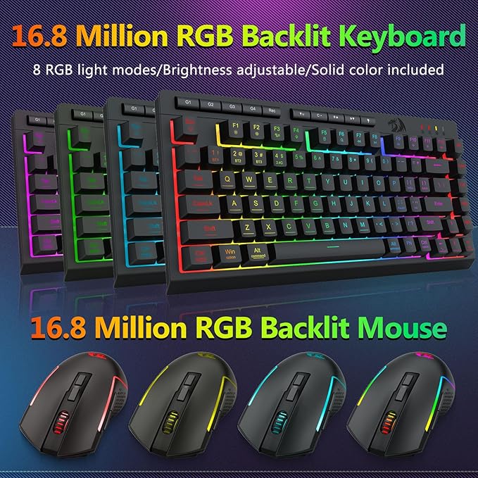 Redragon Wireless Gaming Keyboard and Mouse Combo Bluetooth/2.4G/USB-C Wired RGB Backlit 75% Portable Quiet Rechargeable Macro Membrane Keyboard &amp 12800 DPI Mouse with Software for Win/MAC