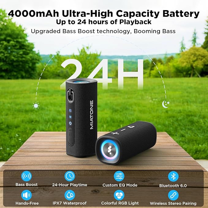 MIATONE Bluetooth Speaker 40W BT 6.0 Outdoor Portable Bluetooth Speakers with 3 EQDeep Bass24H Playtime TWSIPX7 Waterproof Shower Speakers Bluetooth Wireless Portable Speaker for Party/Beach-Black
