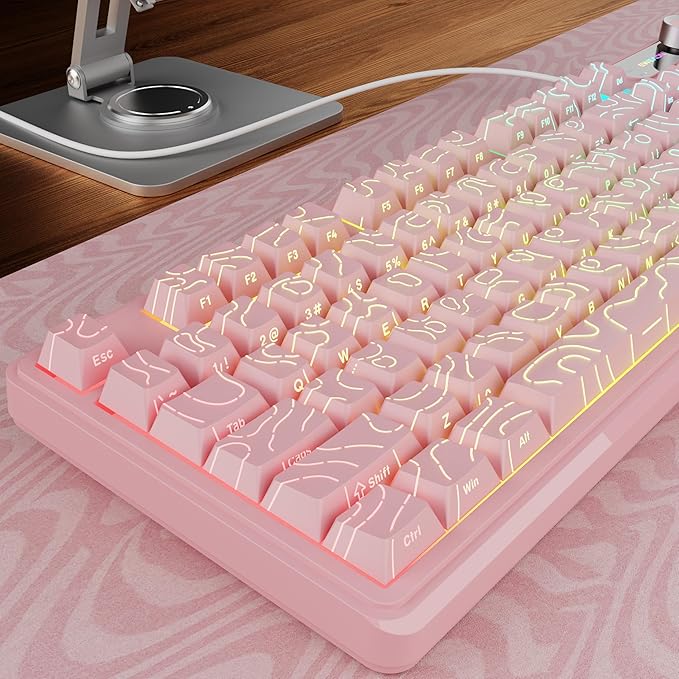 V102 Wired Keyboard 98 Keys Creamy Gaming Keyboard with Number Pad Display Screen &amp Media Knob RGB Silent Wired Cute Computer Keyboard for Laptop PC Gamer - Light Pink