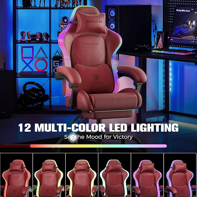 GTPLAYER Gaming Chair Computer Chair with RGB LED Lights High Back Ergonomic Chair for Adults with Footrest Reclining Office Chairs Linkage Armrest Wine Red