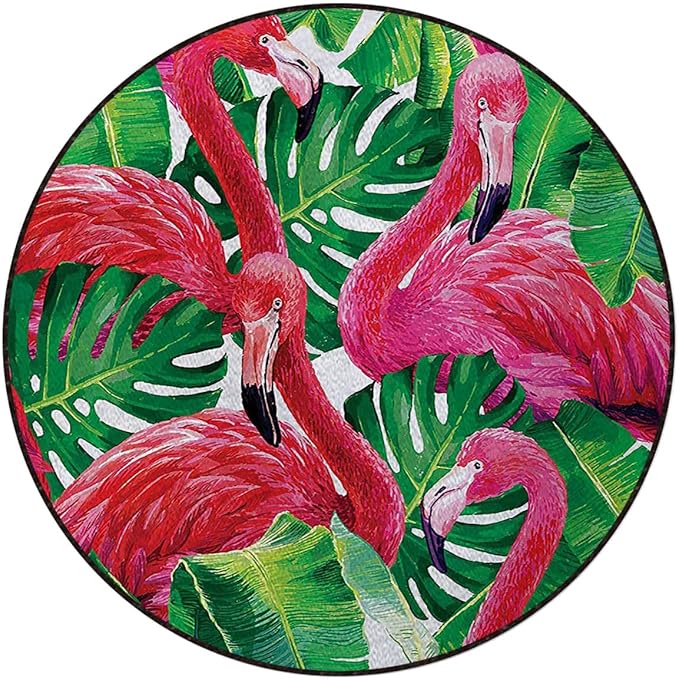Pink Green Floor Protector Office Chair Mat Gaming Chair Mat Tropic Exotic Leaves Graphic in Retro Style Round Area Rug Swivel Chair Mats for Hardwood Floor Flamingo Diameter 60 in