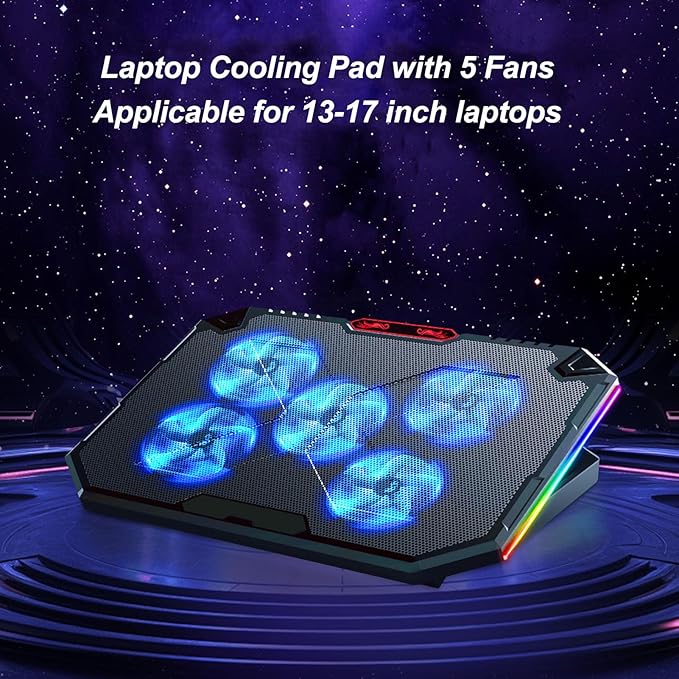 Laptop Cooling Pad with 5 Fans Height Laptop Cooler Stand RGB Lighting Cooling Pad for 1317‑ Inch Notebooks Ergonomic with USB Cable for Efficient Heat Dissipation