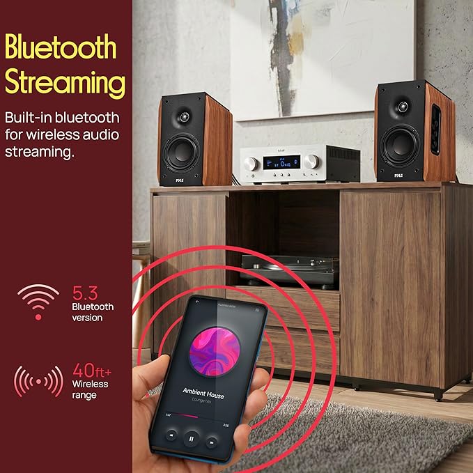 Pyle Powered Bookshelf Speaker System with Bluetooth 80W Active Stereo Speakers Bass Reflex Natural Wood Cabinet Hi Def ARC Optical Coax Subwoofer Out for Home Theater Computer Studio (Pair)