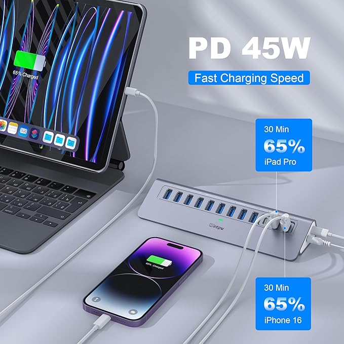 Powered USB Hub 10Gbps intpw YH9AC 12-Port USB Splitter with USB A/USB C 3.2 4 USB 3.0 2 PD 45W Charging Ports 65W Power Adapter + 3.3FT Cable Aluminum USB Extender Hub for Laptop/PC/iPhone 16/15