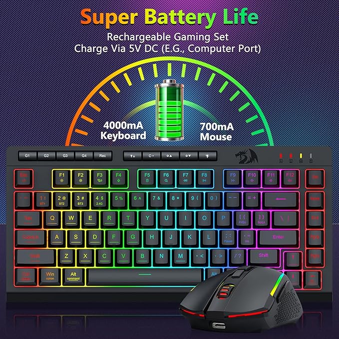 Redragon Wireless Gaming Keyboard and Mouse Combo Bluetooth/2.4G/USB-C Wired RGB Backlit 75% Portable Quiet Rechargeable Macro Membrane Keyboard &amp 12800 DPI Mouse with Software for Win/MAC