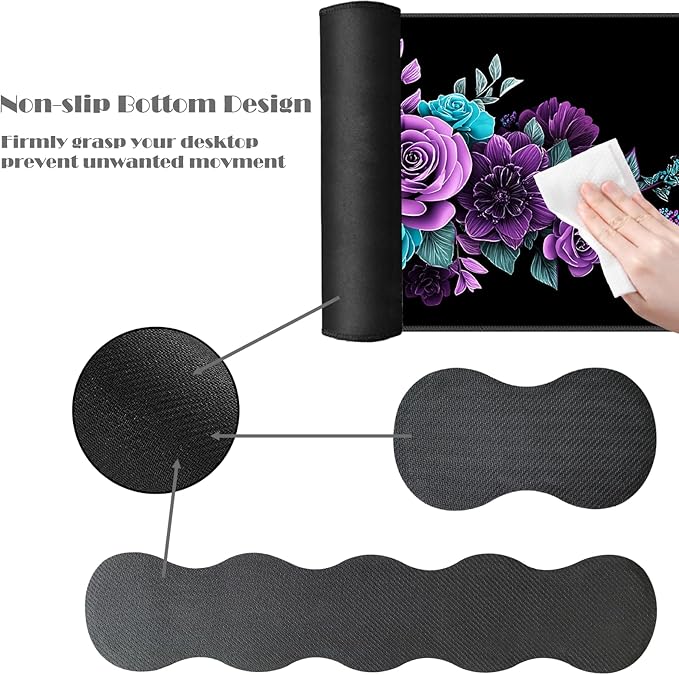 Ergonomic Keyboard Wrist Rest &amp Mouse Pad Wrist Rest SetXL Gaming Desk Mat 31.5x 11.8Non-Slip BaseMemory FoamEasy Typing Pain Relief for Office &amp HomeTeal Skull Purple Blue Flowers