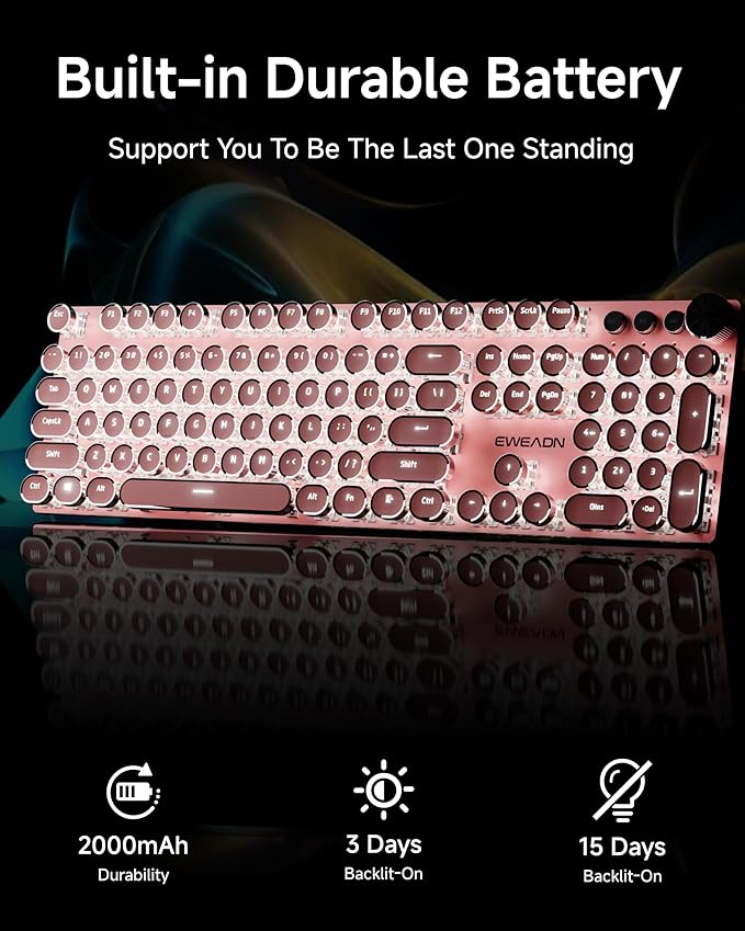 EWEADN V20 Typewriter Keyboard Wireless104 Keys Typewriter Style Mechanical with White Backlit Media Knob White Switch 2.4G/Bluetooth/USB-C Retro Full Size Keyboard for Windows/Mac/PC-Dark Pink