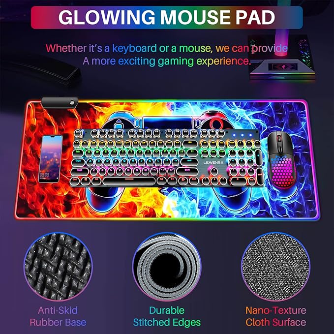 XL Led Gaming Mouse Pad with 14 Light Modes - Light Up Gamer Mouse Pad31.5 x 11.8in Non-Slip Gamepad Style RGB Large Gamer MousepadBlack Long Glowing Gaming Accessories for DeskWaterproof