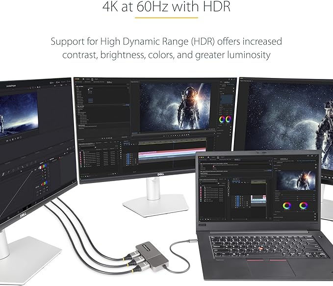 StarTech.com 3-Port USB-C Multi-Monitor Adapter USB Type-C to 3x HDMI MST Hub Triple 4K 60Hz HDMI Laptop Display Extender / Splitter HDR Extra-Long Built-In Cable Windows (MST14CD123HD)