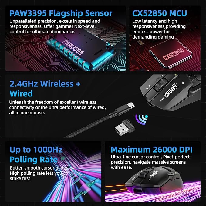G03 RGB Wireless Rechargeable Gaming Mouse 2.4G/Wired Dual Mode Game MicePAW3395 Sensor 26K DPI Replaceable L/R Switches Swappable Top Case 80g Lightweight 6 Programmable Buttons - Black