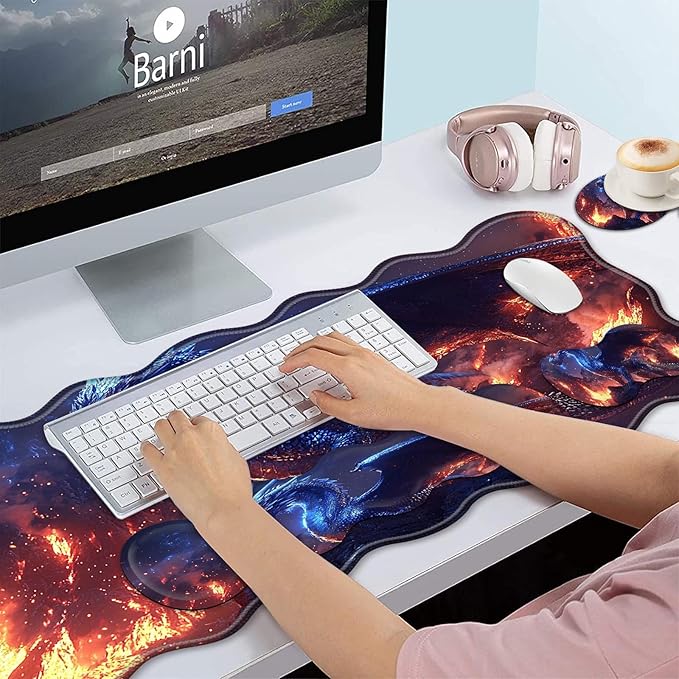 Bxgolkgd Desk Mat SetMouse Pad with Keyboard Wrist Rest &amp Mouse Wrist RestWave-Shaped DesignNon-Slip Rubber BaseErgonomic Desk Mat for HomeOfficeGamingDragon
