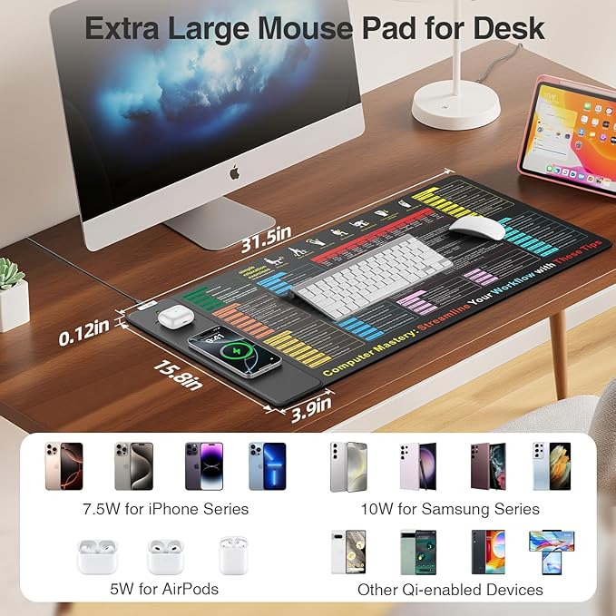 Excel Cheat Sheet Mouse Pad with Wireless Charging 31.5x15.8 Extended Excel Shortcuts Desk Pad Waterproof Ultra-Smooth Keyboard Mat Non-Slip Base with 20W PD Adapter