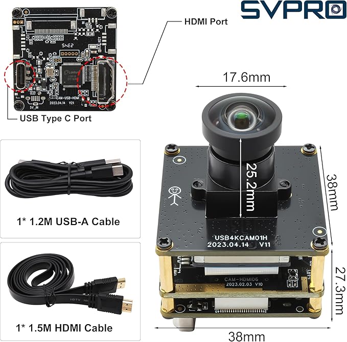 SVPRO HDMI USB Camera 4K Wide Angle Camera Module for Computer Monitor Projector Dual Output Lightburn Camera 2X Digital Zoom Webcam Board H.264 8MP USB2.0 Laser Engraver Camera120° Distortion-Free