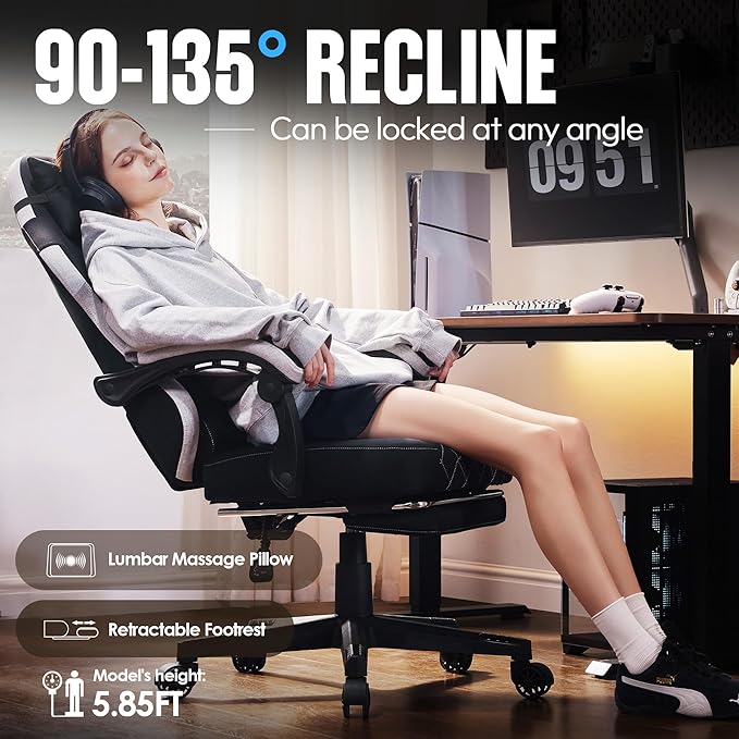 Dowinx Fabric Gaming Chair Ergonomic Computer Chair with Footrest and Pocket Spring Cushion Height Adjustable Video Gamer Chair with Lumbar Support for Adults Black