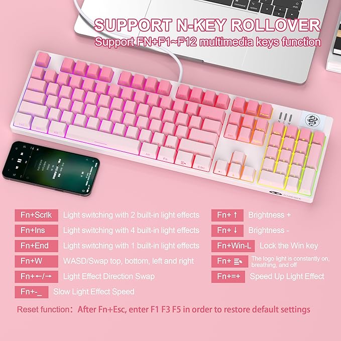 MageGee Mechanical Gaming Keyboard Wired USB RGB Backlit Keyboard 104-Key 100% Anti-Ghosting Mechanical Keyboard with Red Switches Side-Printed Keycaps for Windows PC &amp Mac
