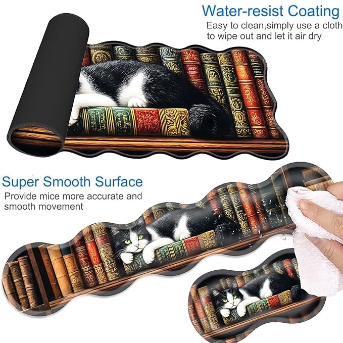 Desk Mat Mouse Pad with Wrist Rest 4-in-1 Large Mouse Pads for Desk Ergonomic Mouse Pad and Keyboard Wrist Rest Gaming Keyboard Mat for OfficeCat on Bookshelf