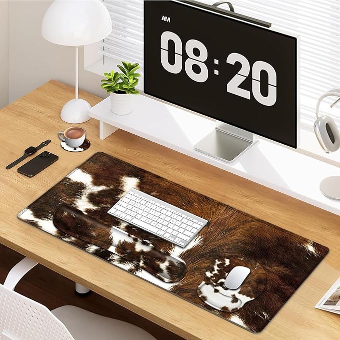 Large Mouse Pad Ergonomic Mouse Pad with Wrist Rest and Keyboard Wrist Rest 4 in 1 Set 31.5 x11.8 inch Extended Desk Pad for Home Office Faux Brown Cowhide Fur Pattern XXL Gaming Mouse Mat
