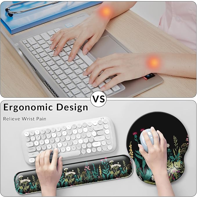 Desk Mat Set + Keyboard and Mouse Pad with Wrist Rest Support4-in-1 Large Mousepad Computer Mats for Desktop Home &amp Office-Floral Flowers