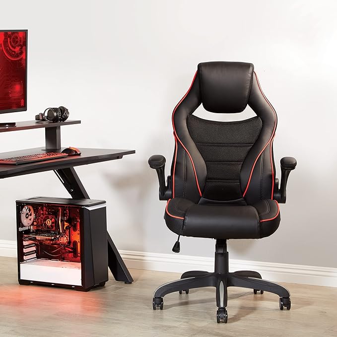 OSP Home Furnishings Xeno Ergonomic Adjustable Faux Leather Gaming Chair with Integrated Headrest and Airflow Cooling Material Black with Red Accents
