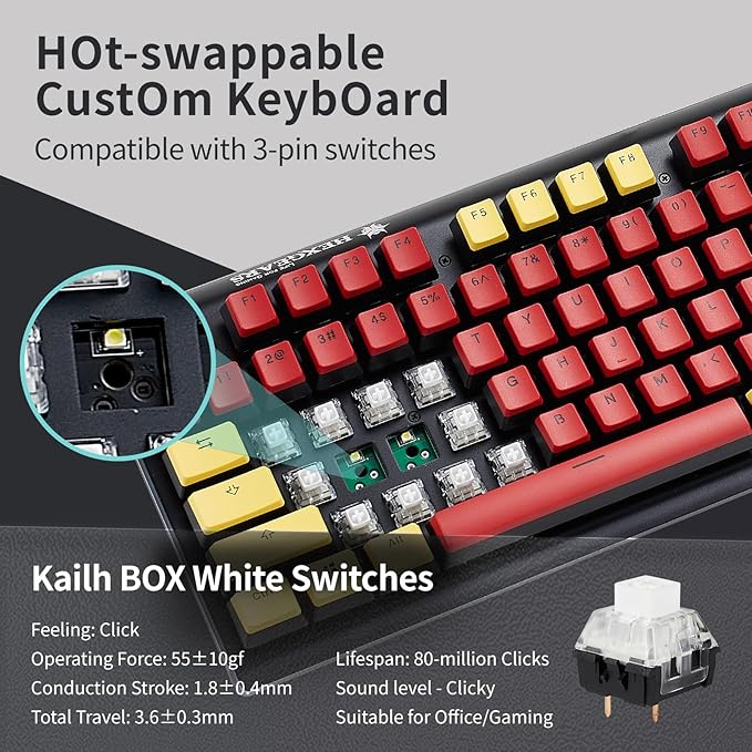 Hexgears GK735 Wired Mechanical Gaming Keyboard Hot-Swappable Full-Size Keyboard with White Backlit + Surround Side Light Strip Aluminum Finish Kailh Clicky Switches (Red-Yellow)