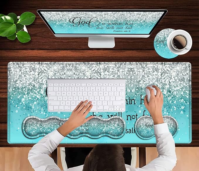 Keyboard Mouse Pad SetExtended Gaming Mouse Pad + Memory Foam Keyboard Wrist Rest Support Psalm 46:5 Blue Glitter Office Desk Mat Writing Pad Easy Typing Pain ReliefXXL Large Mousepad Desk Mat
