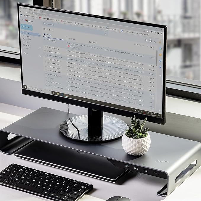 Mobile Pixels Aluminum Monitor Riser with Docking Hub USB-C Port PD Port Ethernet HDMI 3 USB 3.0 for PC TV Tablet Laptop Space Grey