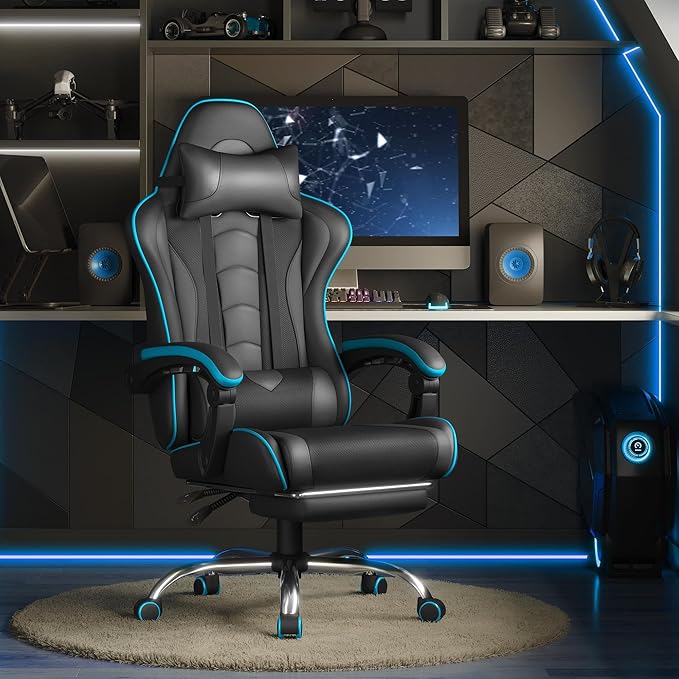 Yaheetech Gaming Chair Video Game Chair with Massage Lumbar Support and Footrest Height Adjustable Ergonomic Computer Chair with Swivel Seat and Headrest Black/Gray