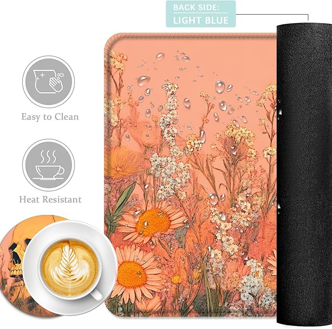 Keyboard Mouse Pad Set Extended Gaming Mouse Pad+Ergonomics Keyboard Wrist Rest Support Memory Foam Easy Typing Pain Relief 4Pcs XL Ultra Thick Desk MatSkull in Flower Field