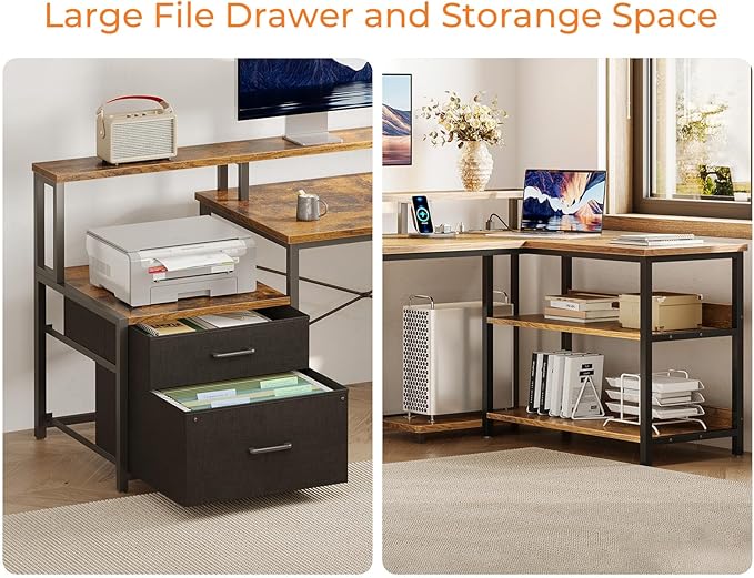 ODK 75 L Shaped Desk with File Drawers Work from Home Office Desk with Power Outlet Reversible Computer Desk with Storage Shelves Gaming Desk with Monitor Shelf Corner WFM Table Vintage