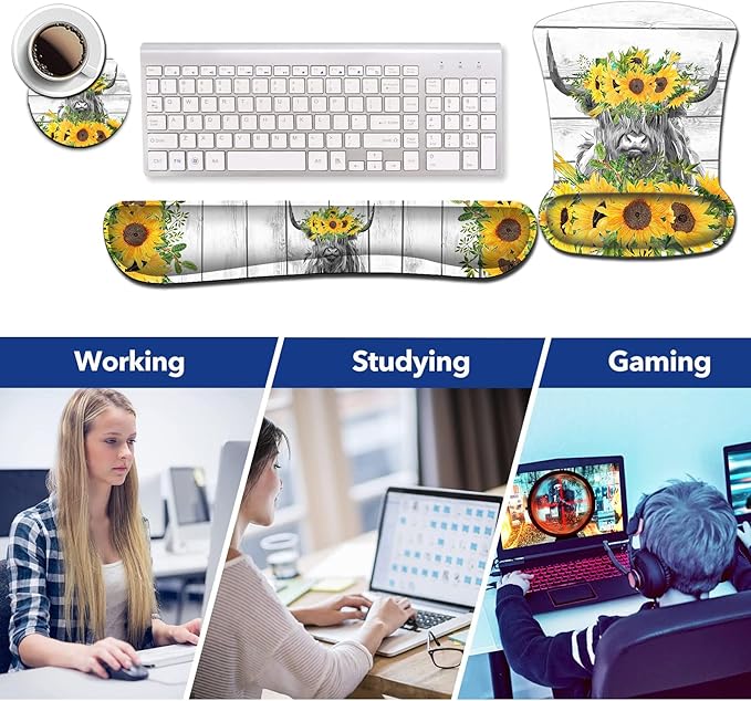 Wireless Mouse Pad with Wrist Support Ergonomic Gel Mouse Pad Soft Memory Foam Keyboard Wrist Pad for Office Typing Desk Pad Cute Highland Cow and Sunflowers White MousePads