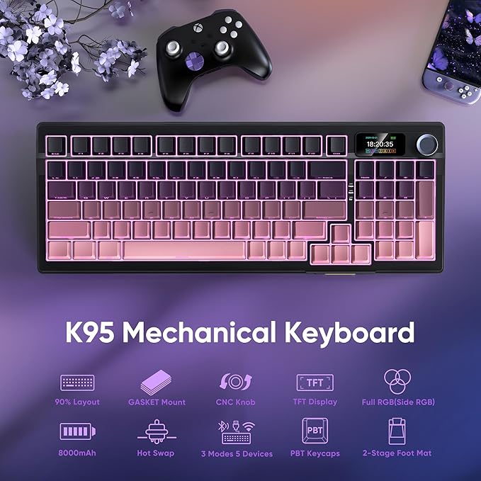 RedThunder K95 Wireless Mechanical KeyboardTFT Screen &amp Knob Trip-Modes Connection Gasket Custom Hot-Swap Keyboard RGB Backlit Pre-lubed Linear Switches Side Printed PBT Keycaps Gradient Pi