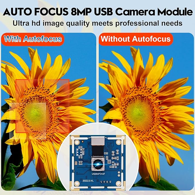 Autofocus USB Camera 8MP 4K Camera Module with 72° Distortion Free LensPlug and Play UVC USB2.0 for PC ComputerCompatible with Windows LinuxIdeal for Industrial Security Video Surveillance