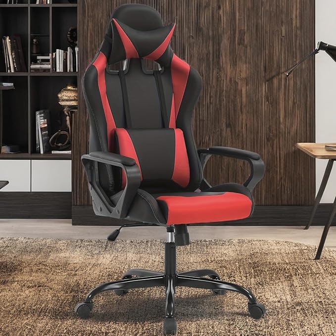 PC Gaming Chair Office Chair Ergonomic Computer Chair Mid Back Adjustable Desk Chair with Lumbar Support Armrest 360° Swivel Gaming Chair with Headrest for Home Office Work Study Red