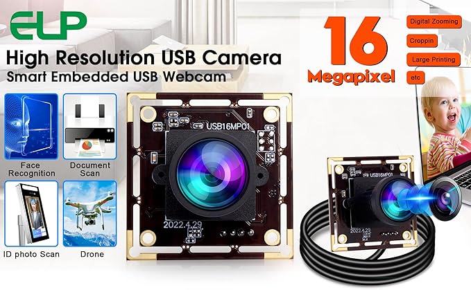 ELP 16MP Wide Angle USB Camera Module for Raspberry Pi and Computer 4K Mini UVC USB2.0 Video Webcam Board with 118degree No Distortion Lens IMX298 Industrial PC Lightburn Camera for LaptopJetson Nano