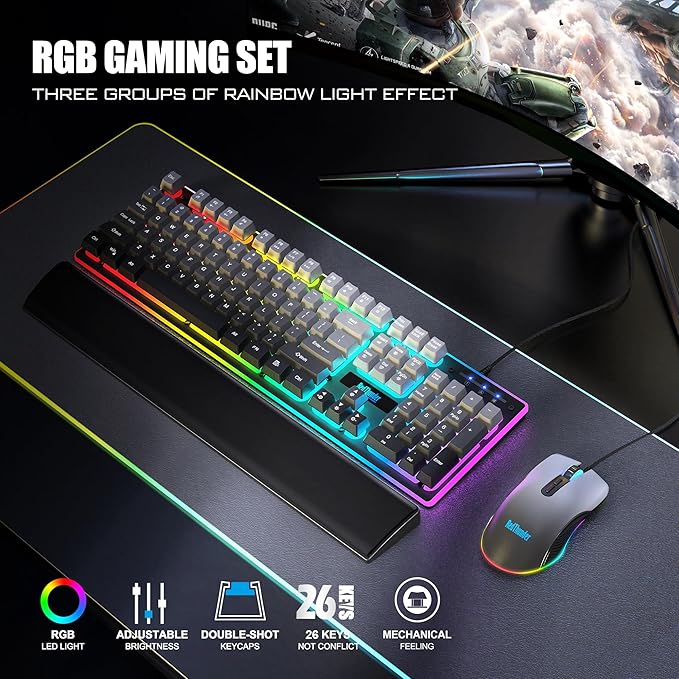 RedThunder K10 Wired Gaming Keyboard Mouse Wrist Rest Combo RGB Backlit Mechanical Feel Anti-ghosting Keyboard + 7D 7200 DPI Mice+Soft Leather Wrist Rest 3 in 1 PC Gamer Accessories(Gradient Gray)