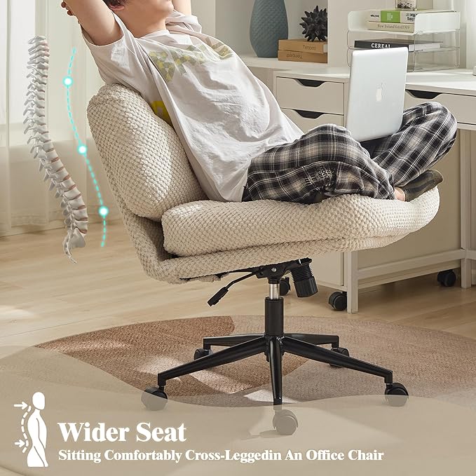 Criss Cross Chair on Wheels Wider &amp Thickened Cross Legged Office Chair Comfortable Adjustable Swivel White