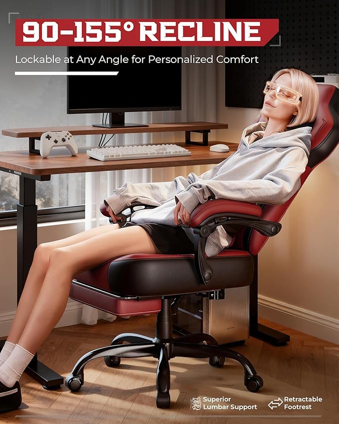 GTPLAYER Gaming Chair Computer Chair with Footrest and Lumbar Support for Adults 360°-Swivel Big &amp Tall Reclining Seat for Office or Gaming (Wine Red)