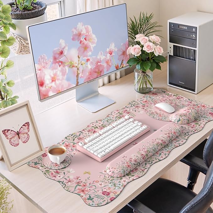 iCasso Desk Mat SetLarge Mouse Pad with Wrist RestErgonomic Keyboard Wrist Support for WomenGirly Floral Computer Mat with Scalloped EdgesNon-Slip Desk Pad Home Office Gaming (Pink)